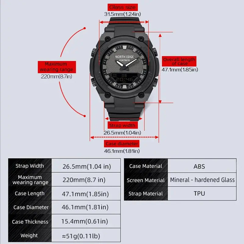 North Edge Fortress 2026 men's digital watch, black ABS case with TPU strap, 50m water resistant, world time LED display.