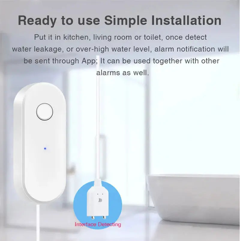 Tuya WiFi Smart Water Leak Sensor by Simples Market; wall-mounted detector with blue LED indicator.
