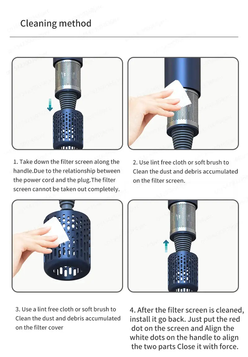 Super Hair Dryer 220V leafless hair dryer by Simples Market with illustrated filter screen cleaning steps