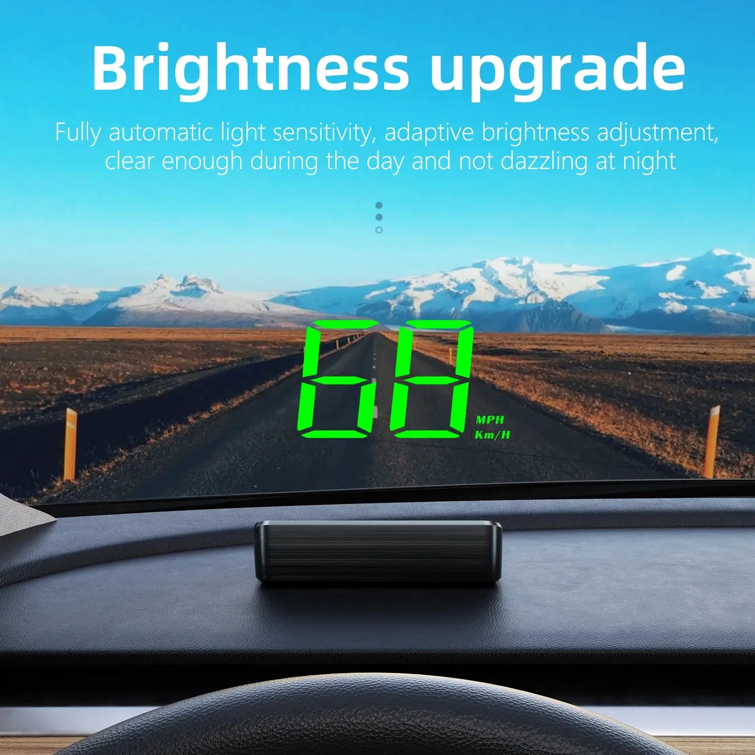 HD Car Head Up Display M2 GPS speedometer on windshield with bright green digital MPH/KM/H readout.