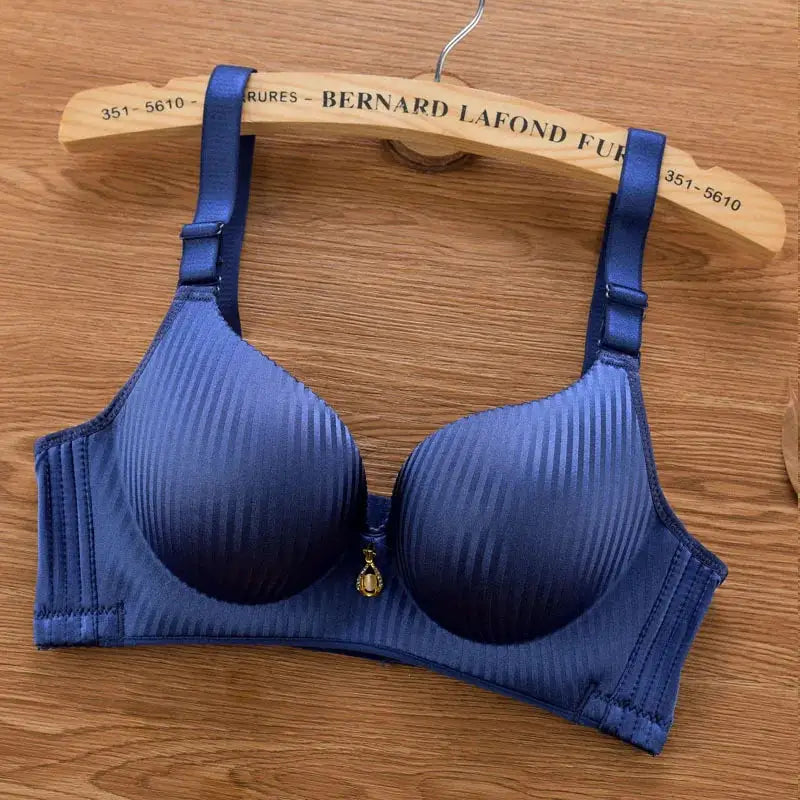 Blue wire-free padded push-up bra with adjustable straps and front charm
