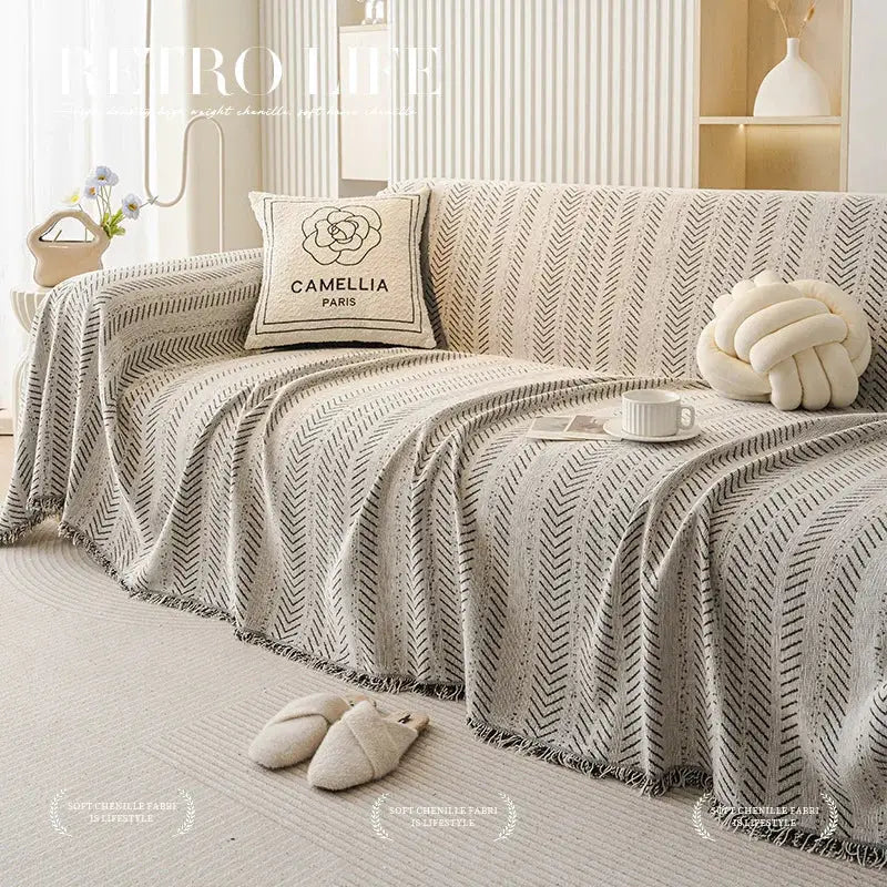 Sofa cover set by Simples Market, beige fishbone-pattern for 3-seater with fringe, anti-scratch and stain-resistant