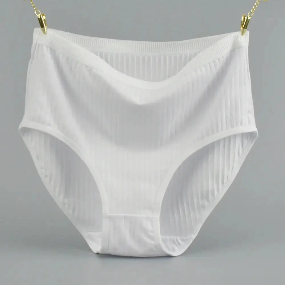 White high-waist cotton panties for women, ribbed fabric, plus-size briefs