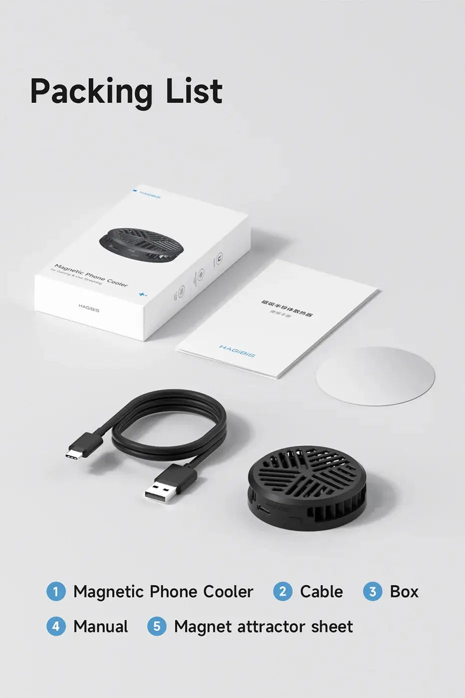 Hagibis Magnetic Phone Cooler by Simples Market; 5-item pack: round black cooler, USB cable, magnet sheet, manual, box