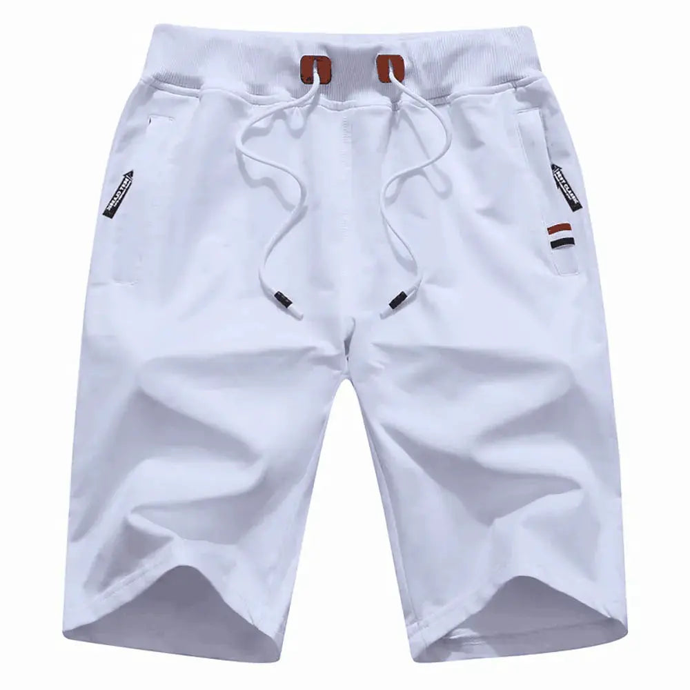 White cotton men's shorts with drawstring waist, side pockets and striped patch accents