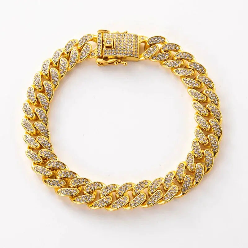 Luxury Hip Hop Dog Collar by Simples Market, gold-tone stainless steel Cuban chain with diamond-inlaid links