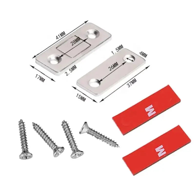 Two ultra-thin magnetic cabinet catches with screws and red adhesive strips for kitchen/closet doors