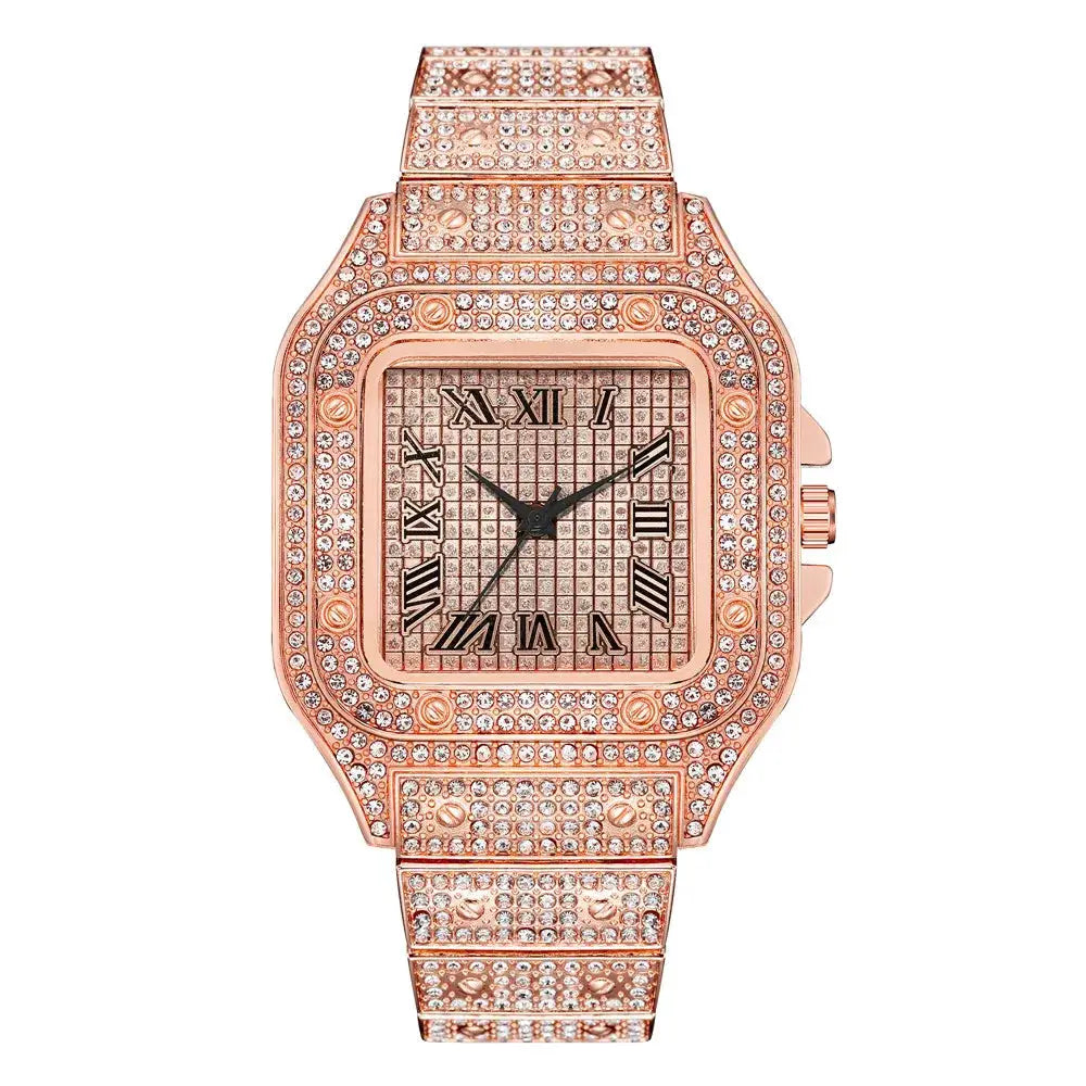 Classic Luxury Mens Steel Strap Square Rhinestone Quartz Watch for Elegant Business Timekeeping
