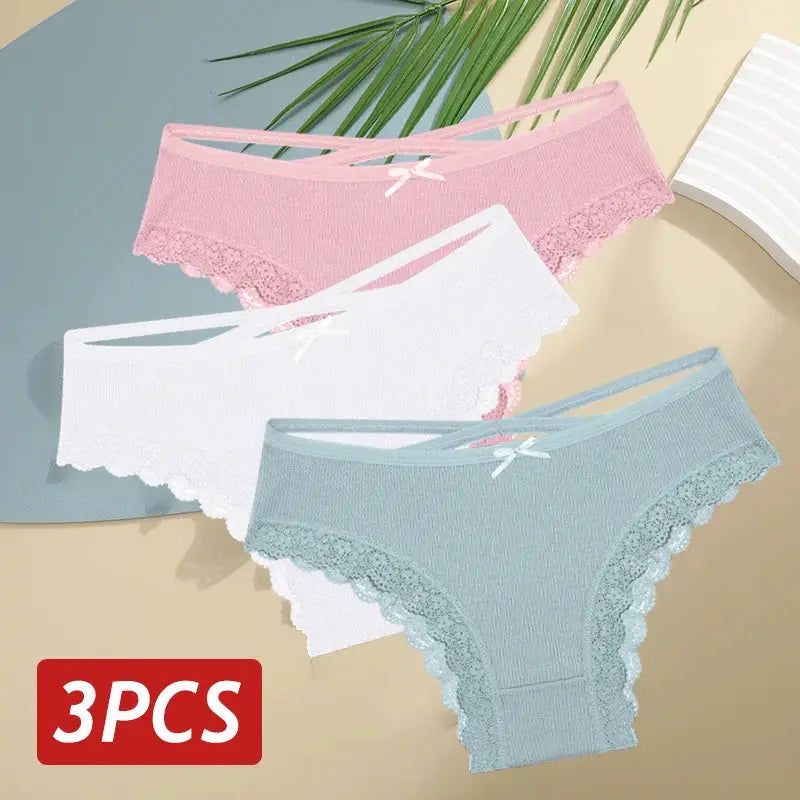 3-piece women's cotton lace panties set in pink, white and blue with bow accents