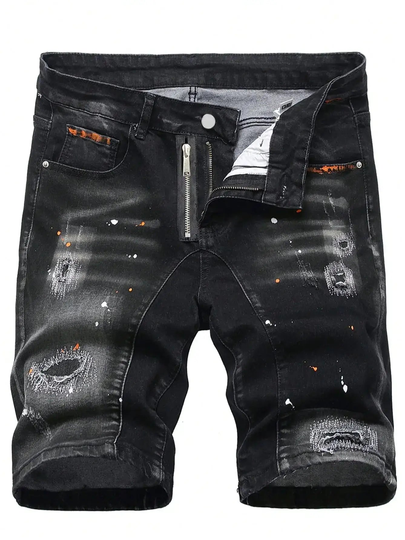 Simples Market men's black denim shorts with knee rips, paint splatters and zipper fly