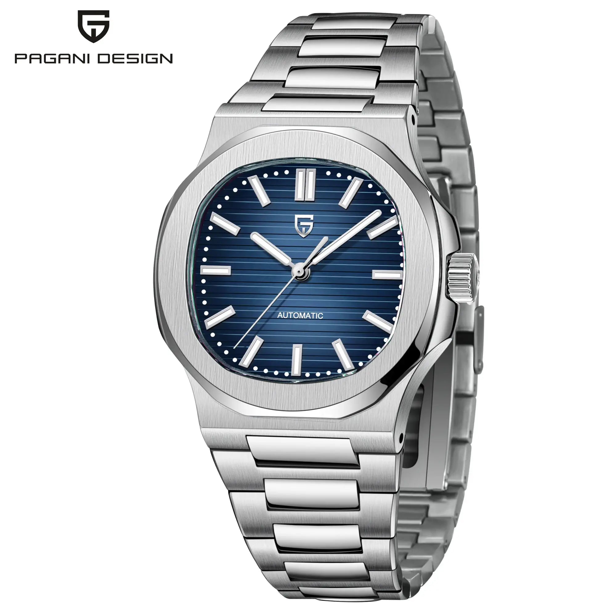 PAGANI DESIGN 40mm men's stainless steel automatic watch with blue dial and sapphire glass