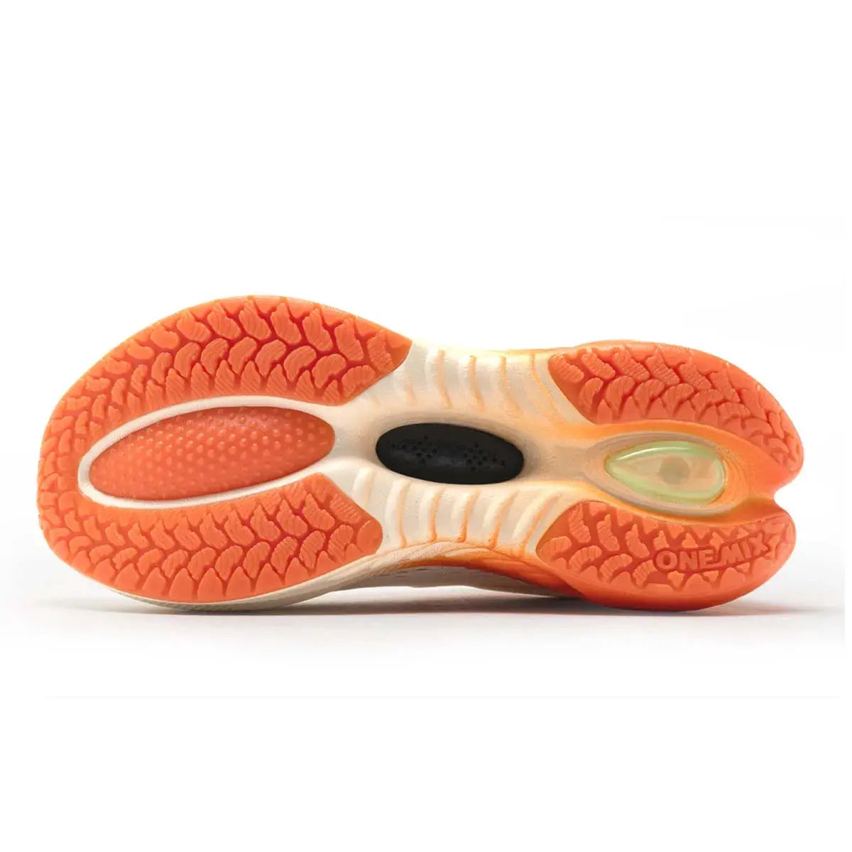 ONEMIX running shoes outsole in orange with white midsole and black midfoot accent Simples Market