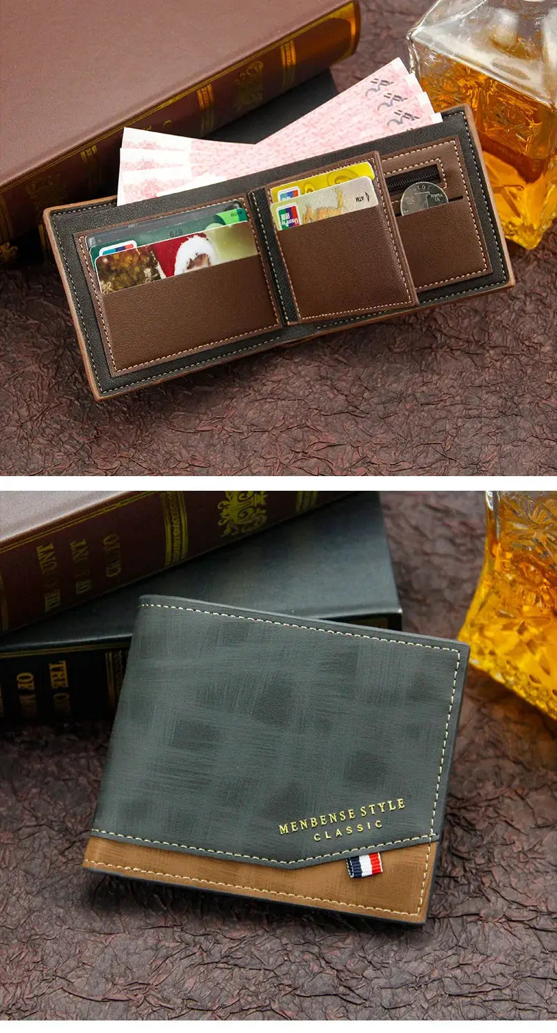 Two Simples Market men's leather wallets: brown tri-fold with card slots and cash, and gray with tan trim and logo.