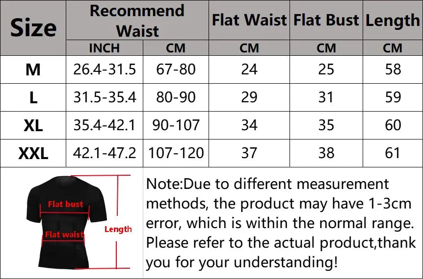 Men's tummy control girdle shapewear in black with flat bust/waist diagram and size chart