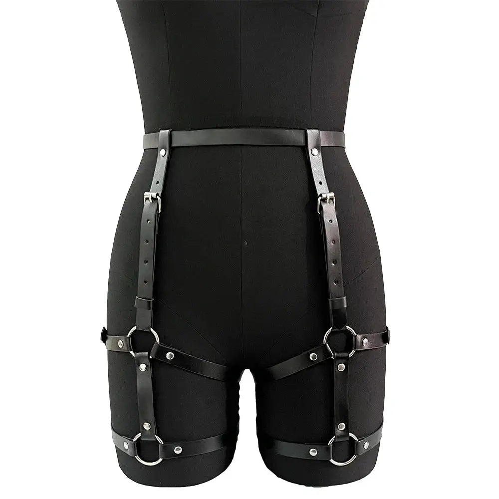 VelvetKink Chest Harness Synthetic Leather Lingerie Bodysuit With Suspender Garter Belt For Mature Fetish Play