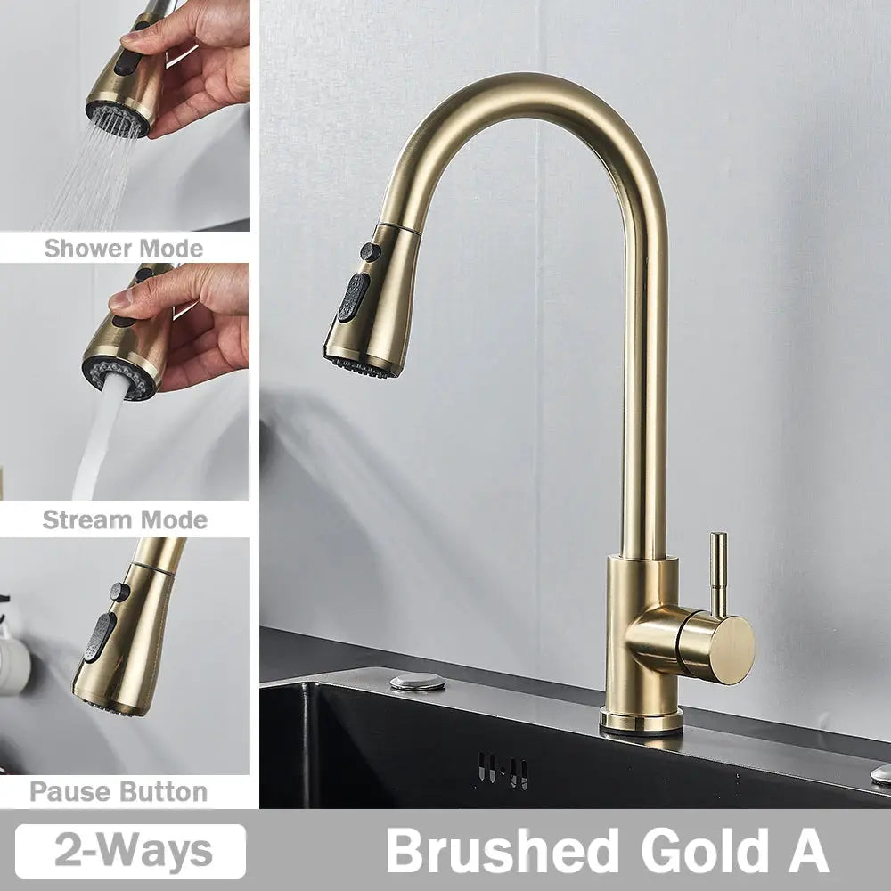 Brushed gold kitchen faucet with pull-out spray head, 2-way shower/stream modes and pause button Simples Market
