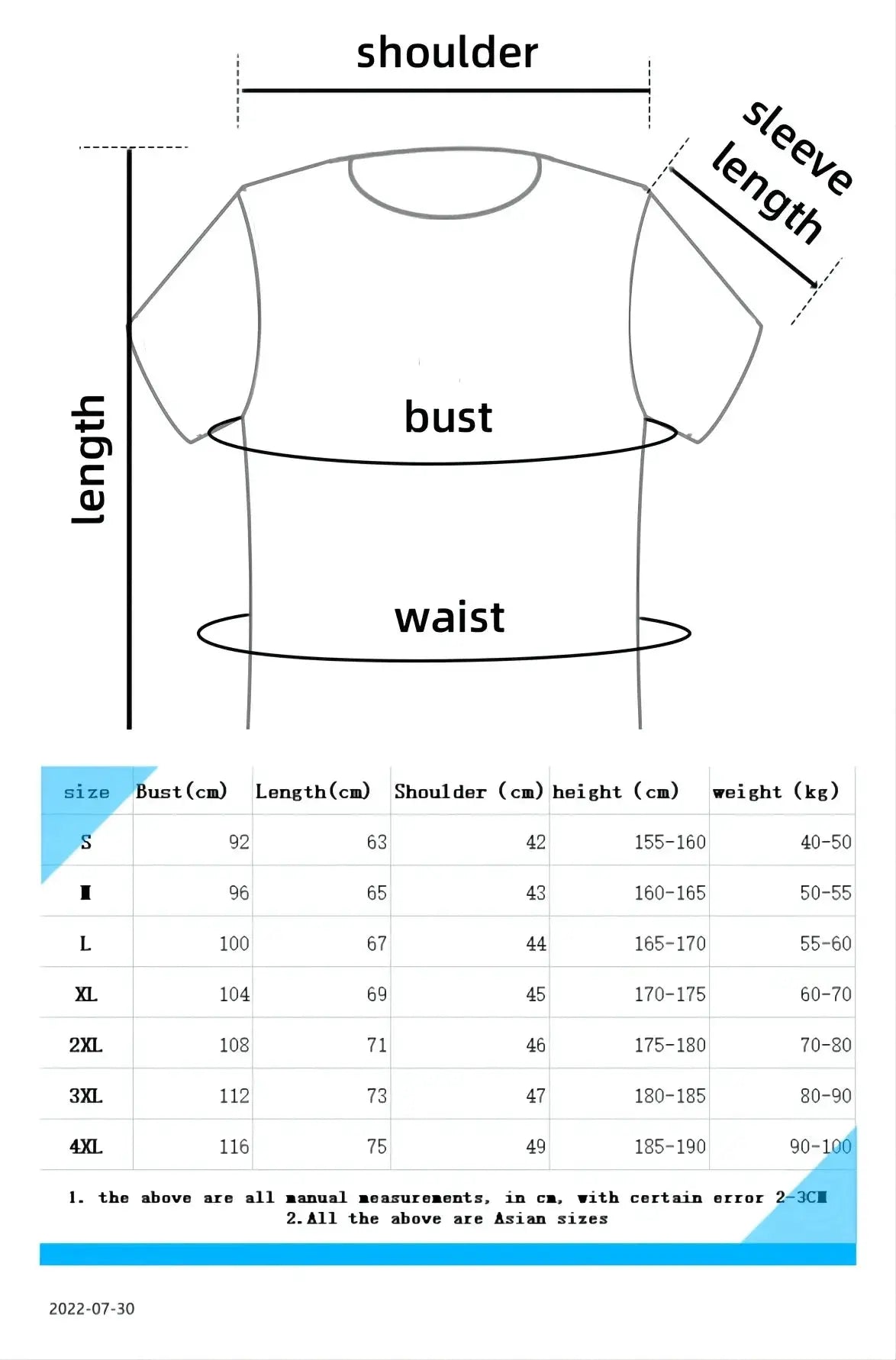Men's breathable polo shirt with embroidered collar, short sleeves; size chart included.