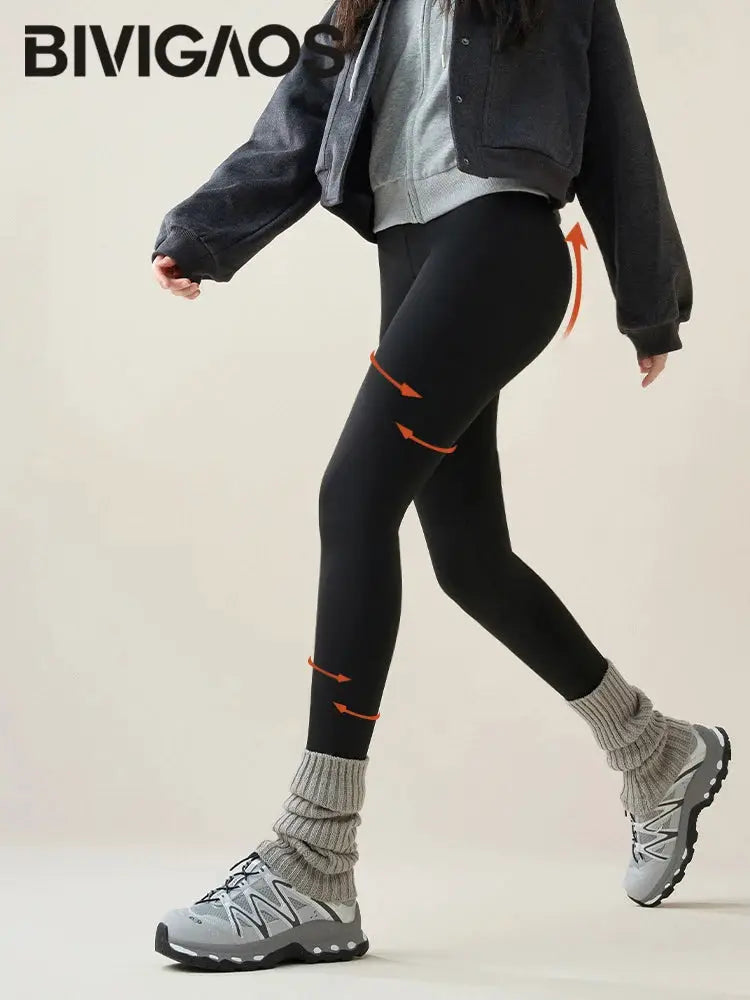 BIVIGAOS women's black fleece-lined sharkskin leggings
