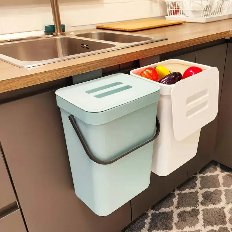 Two Simples Market space-saving quiet-close trash cans, 3/5L, pastel blue and white lids.