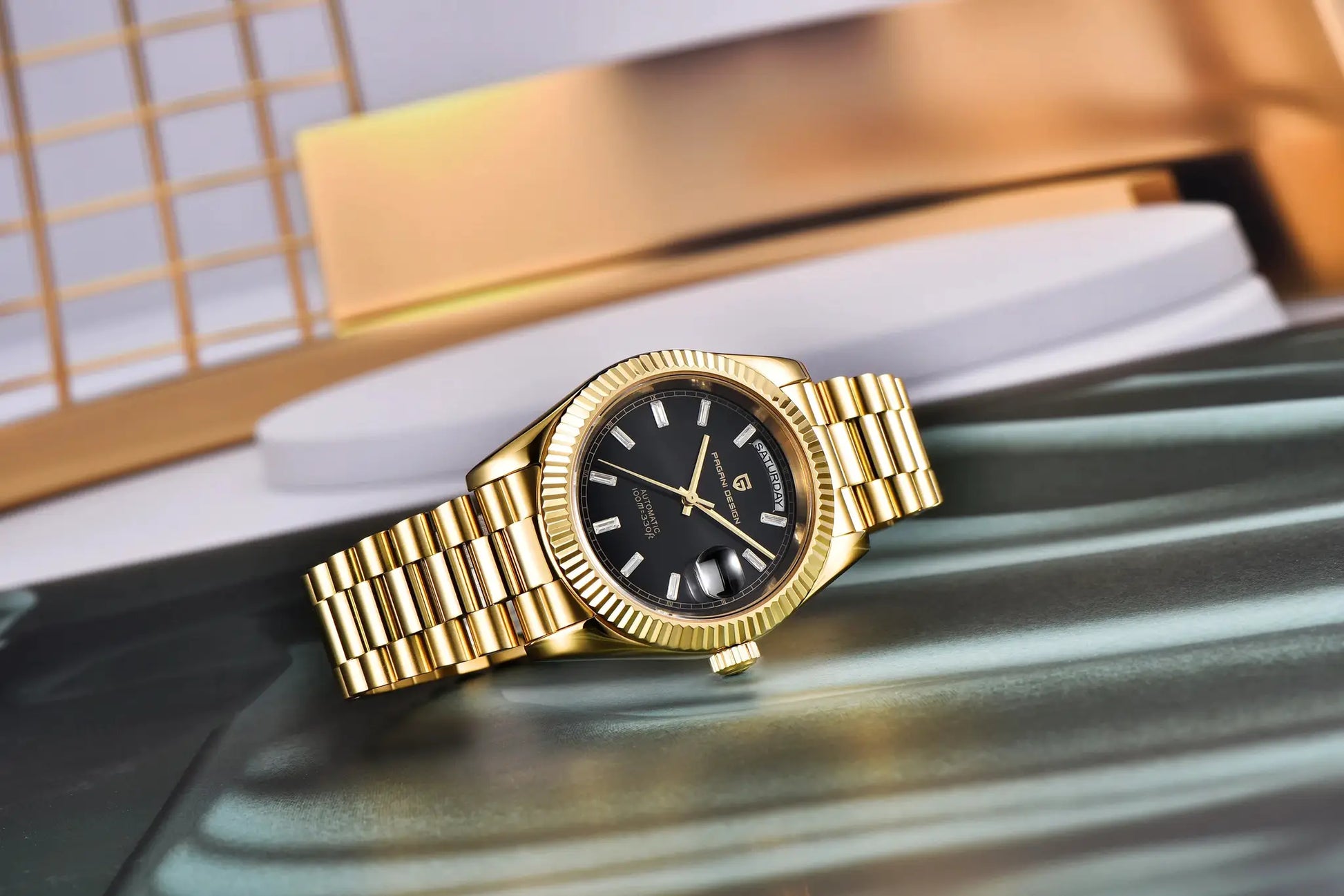 Pagani Design DD40 gold-tone men's watch with black dial and gold bracelet, automatic movement