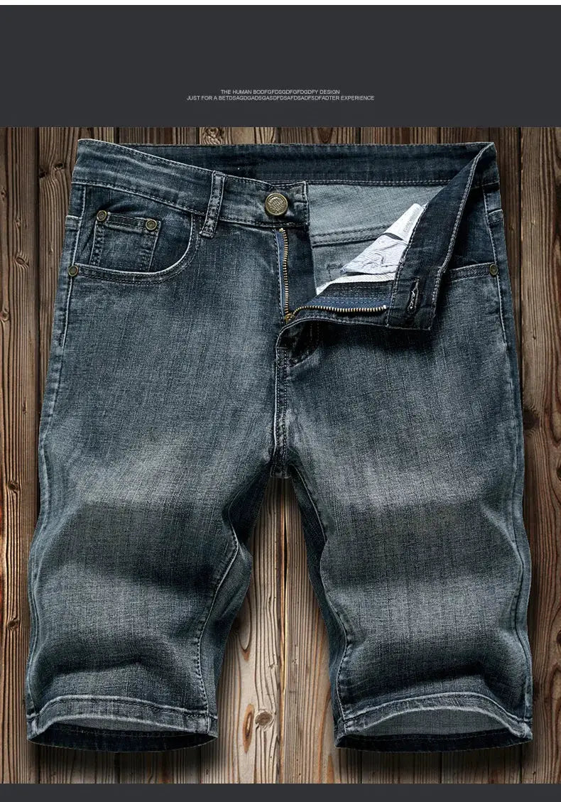 Men's slim-fit denim shorts by Simples Market, dark blue faded wash with zip fly