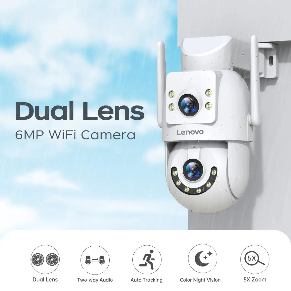 Lenovo outdoor dual-lens security camera with auto-tracking and 5x zoom