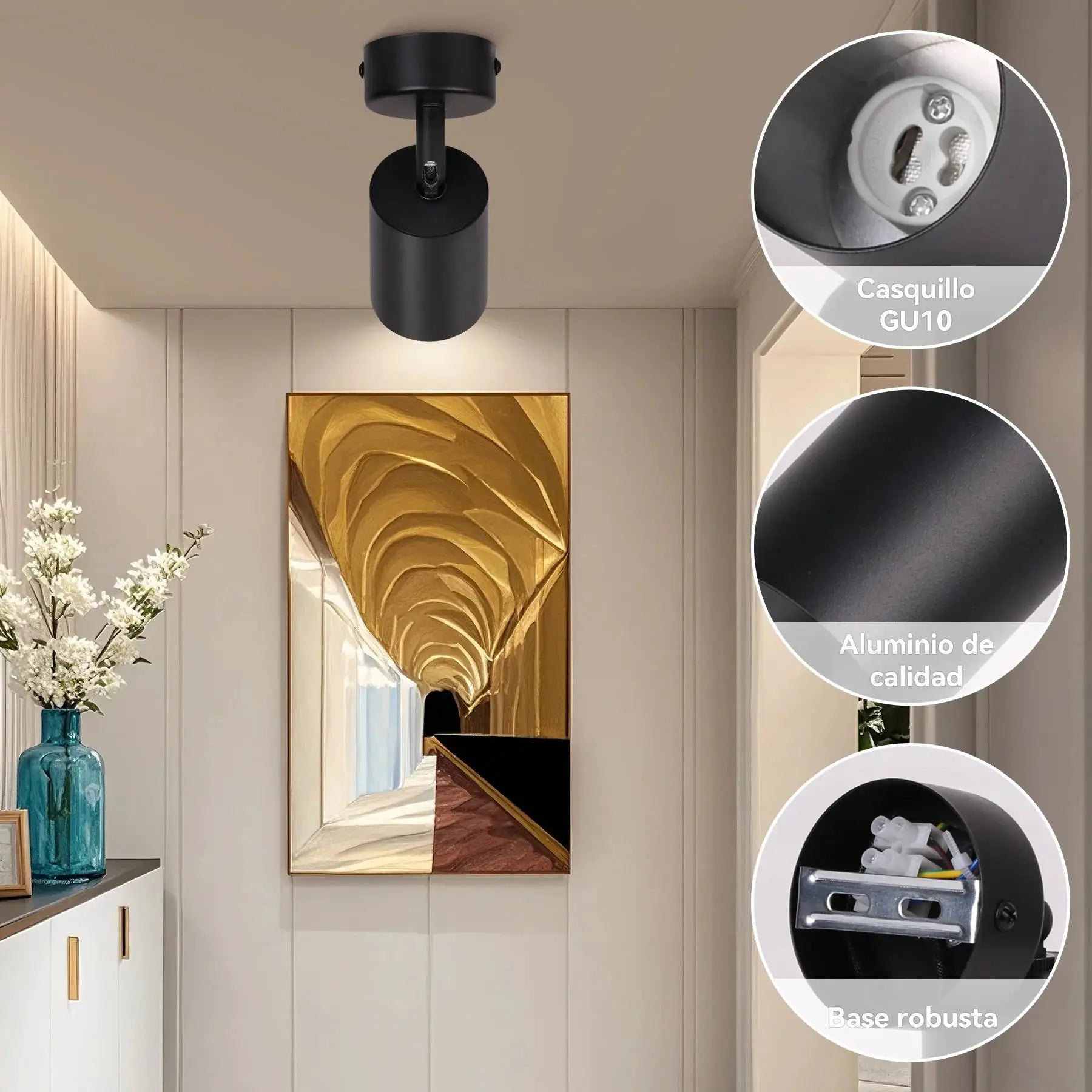 LED ceiling spot lamp by Simples Market, GU10 base, black aluminum, adjustable for hallway decor