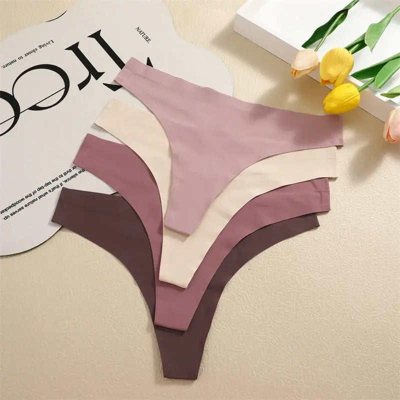 4-pack ultra-thin seamless underwear set; low-waist thongs in light pink, beige, mauve, and brown