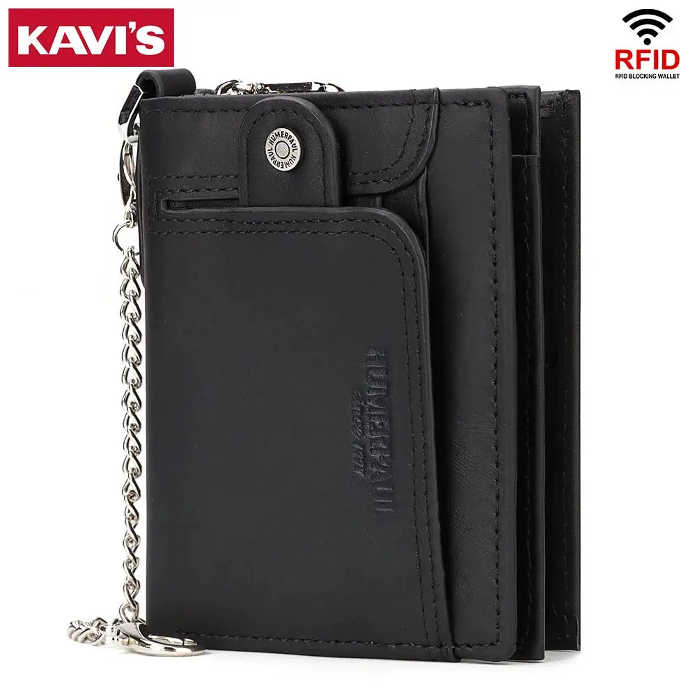 Leather wallet by KAVI'S with RFID blocking, black bifold design with zipper coin pocket and anti-theft chain