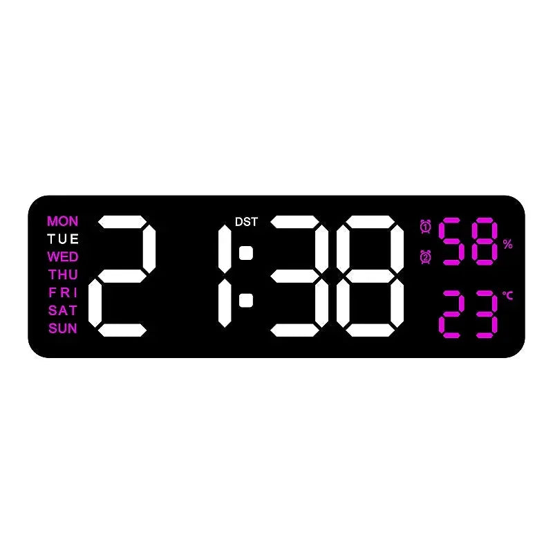 Simples Market 9-Inch USB digital wall clock with temp and humidity, week display, auto-dim DST, 12/24h LED