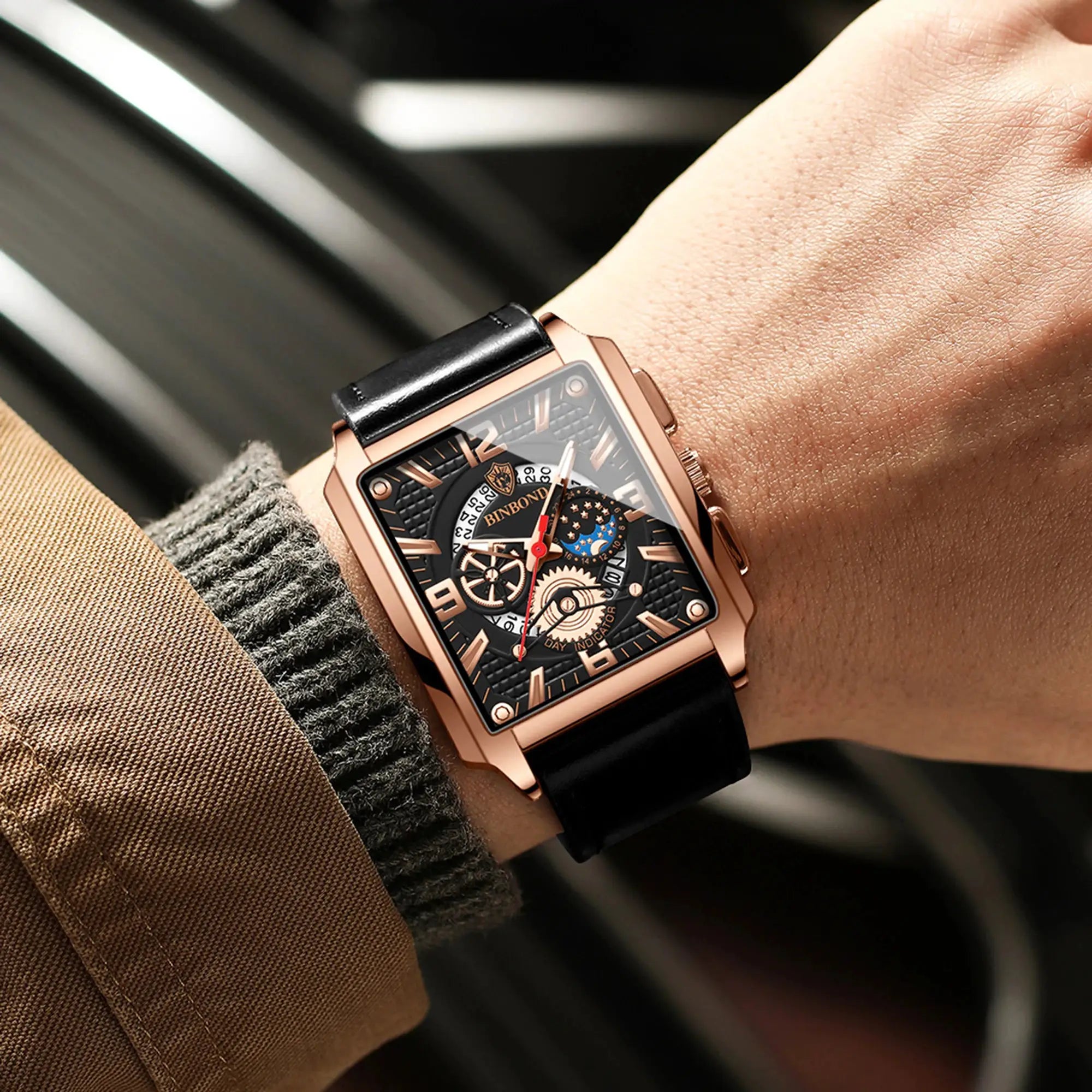BINBOND men's rose-gold watch with black leather strap and skeleton dial