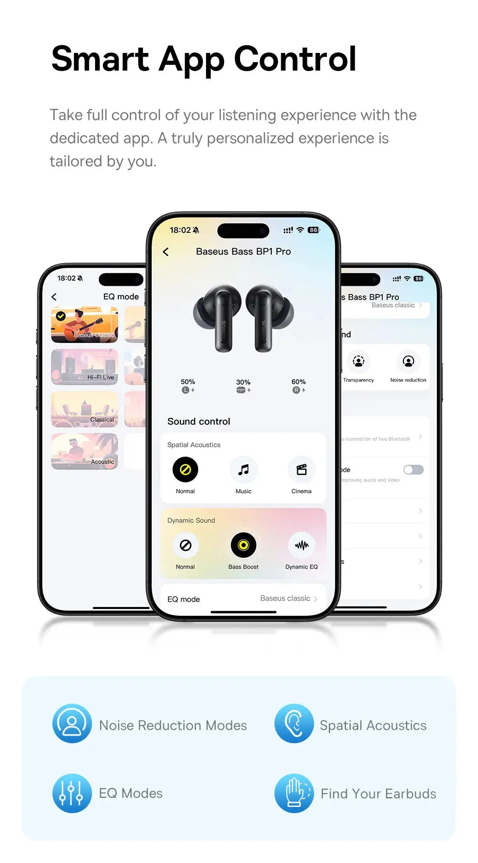 Baseus Bass BP1 Pro wireless earbuds (black) pair shown with a smartphone app control interface