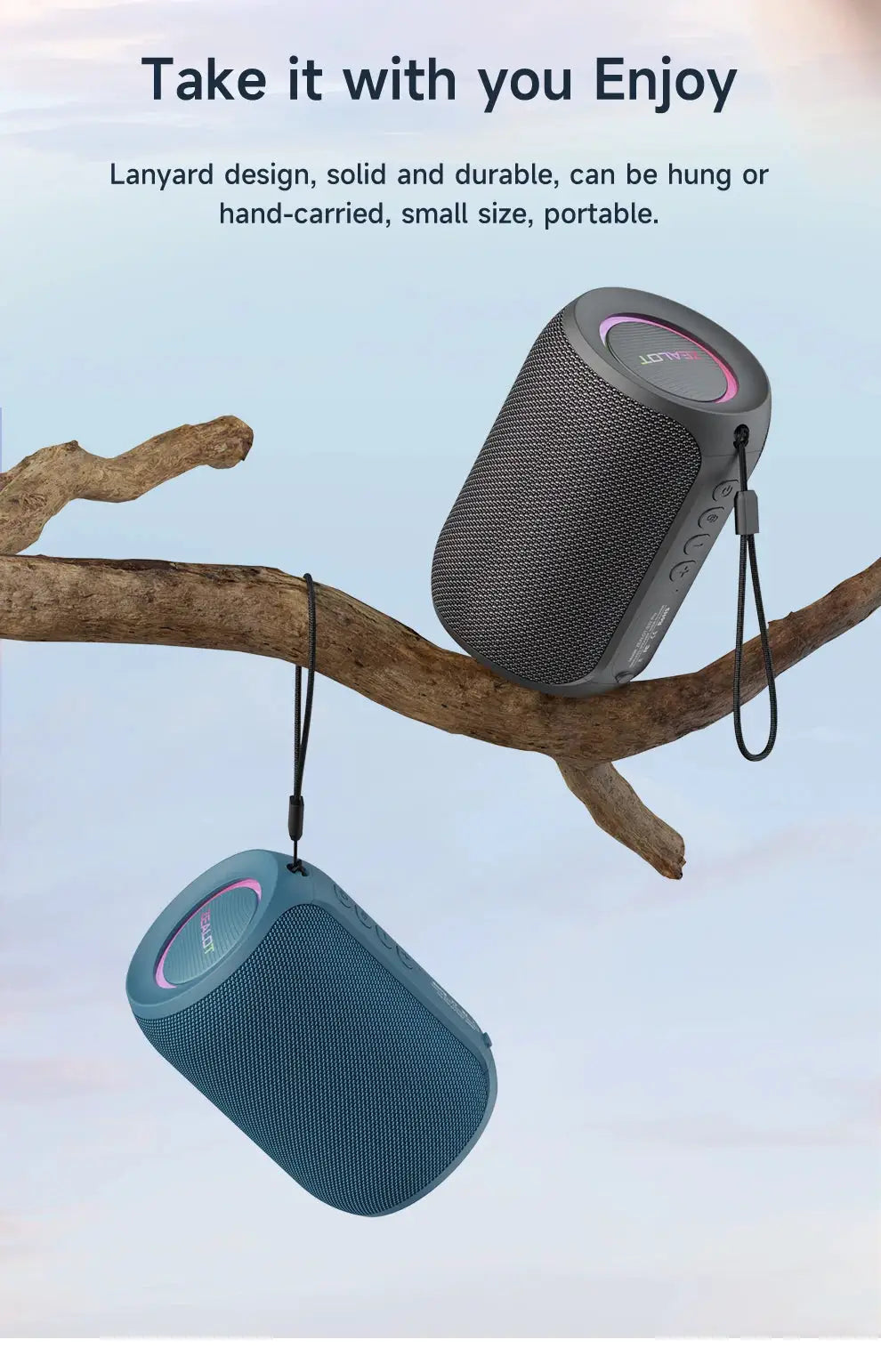 ZEALOT-S32PRO Bluetooth speaker pair, black and blue fabric, waterproof with hanging straps.