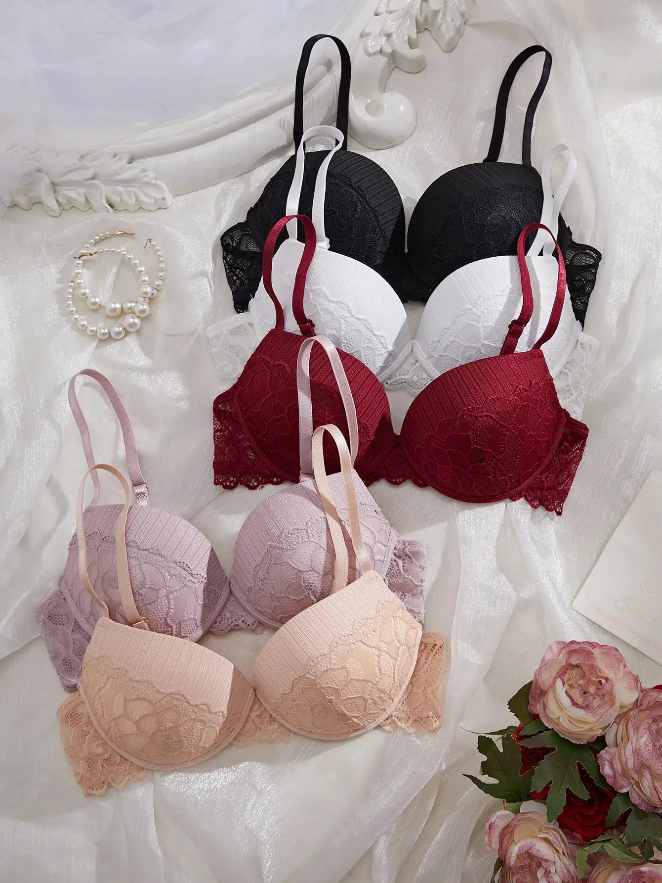 5Pcs women's lace underwire push-up bras set by Simples Market with patterned cups in black, white, red, pink, nude