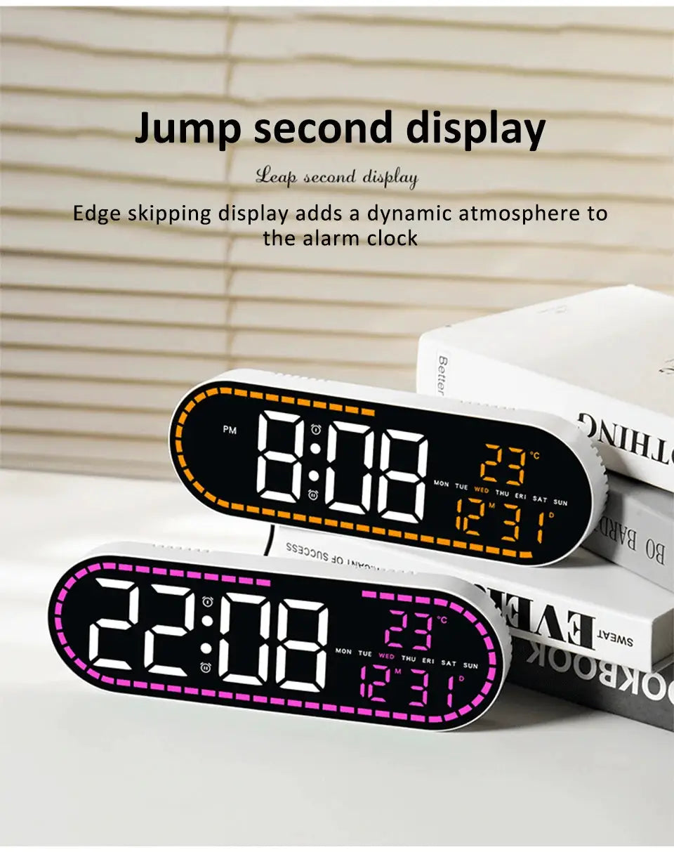 Two digital LED wall clocks with orange and purple borders, black displays show time, date, weekday and temp.