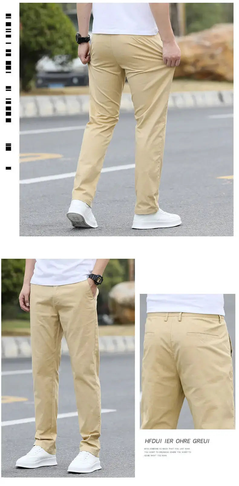 Men's beige cotton chinos, breathable straight-leg casual trousers in sizes w28-w40.