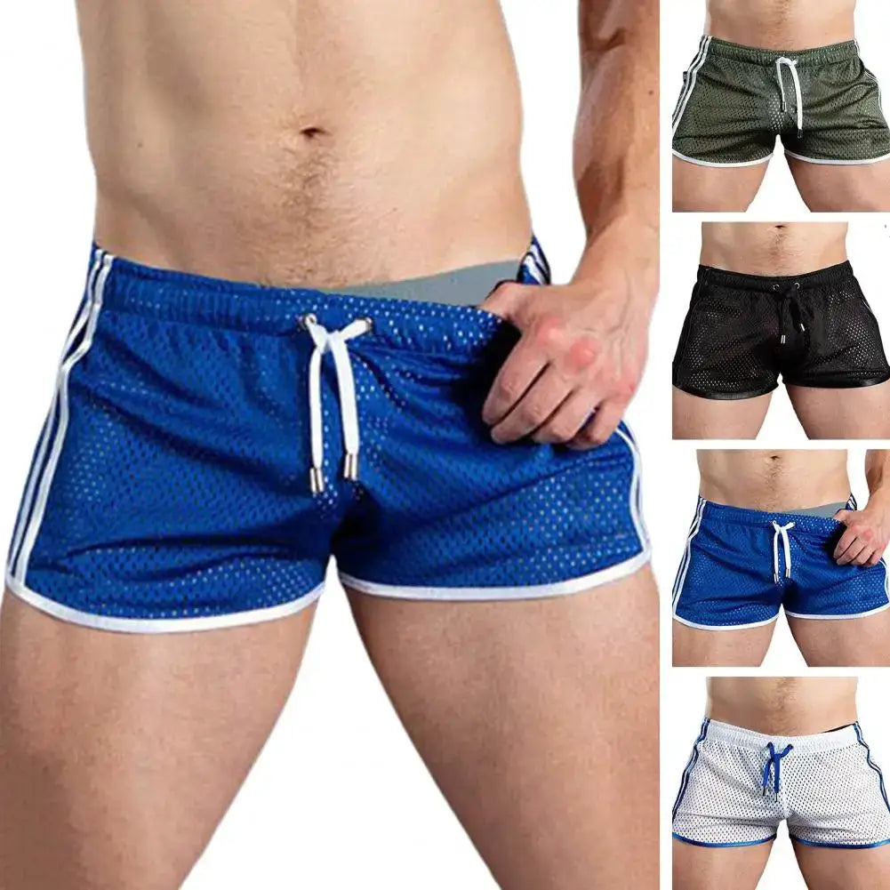 Men's mesh sport shorts with drawstring and elastic waist; quick-dry, shown in blue plus four other colors.