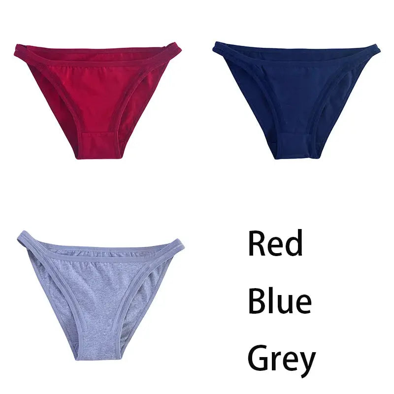 3-piece women's cotton bikini panties set in red, blue, and grey