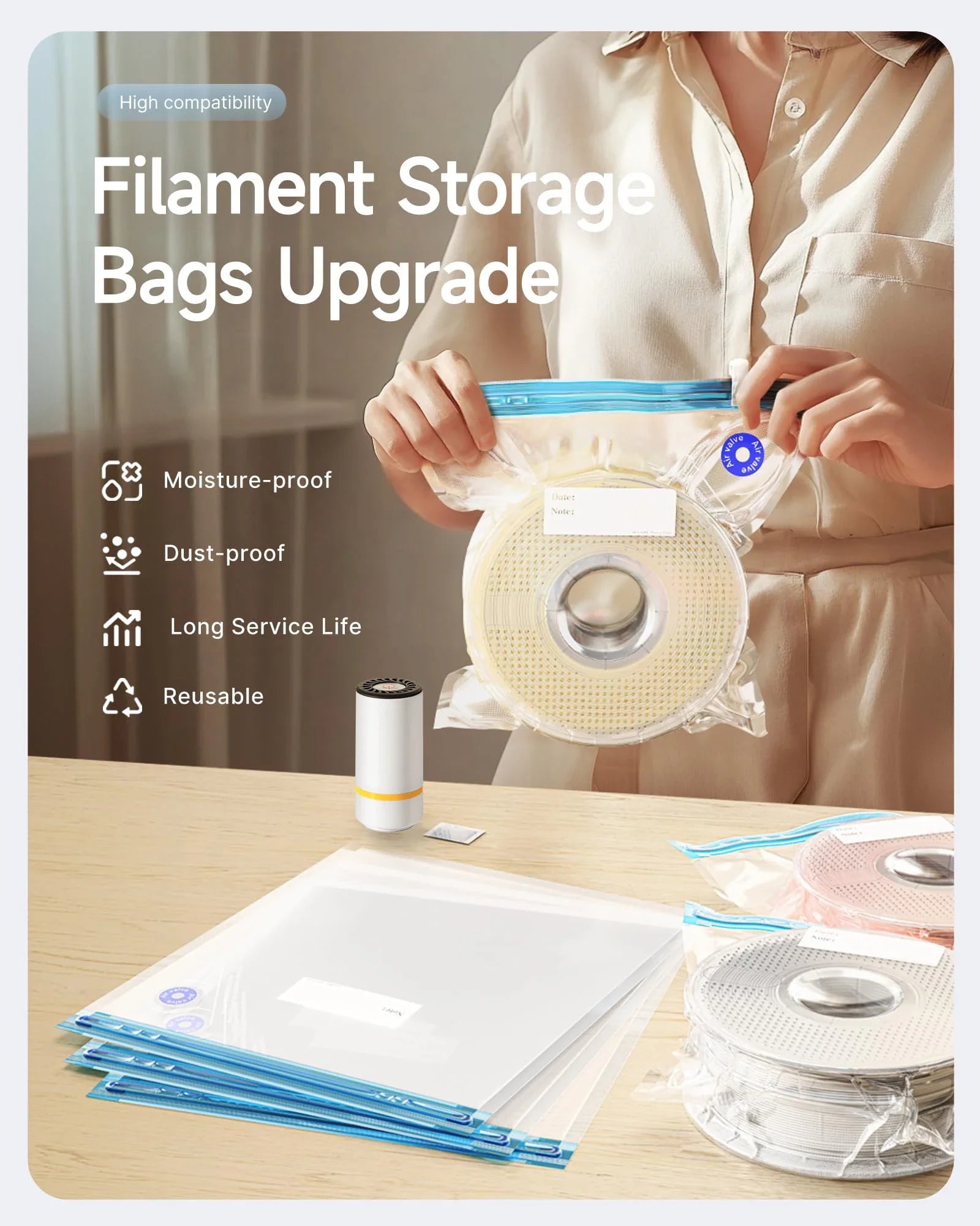 3D Printer Filament Vacuum Bag With USB Rechargeable Pump For PLA PETG