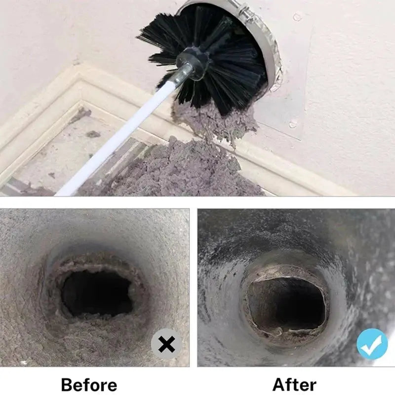 Flexible chimney sweep set by Simples Market with nylon brush and rods; shows soot-filled flue before and after cleaning