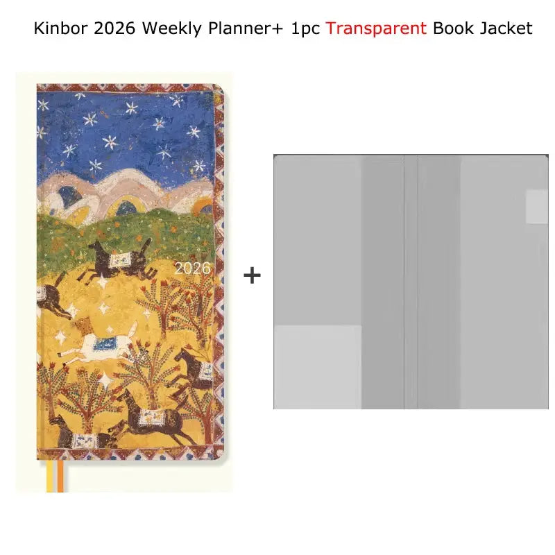 Kinbor 2026 weekly planner pocket-size notebook with a colorful illustrated cover and a transparent book jacket; 2 items