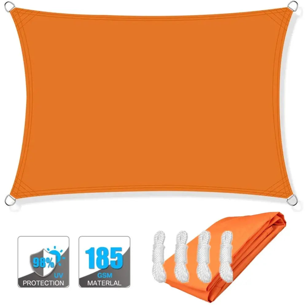 Orange rectangular waterproof sun shade sail canopy with four metal grommets and rope ties; UV protection 98%.