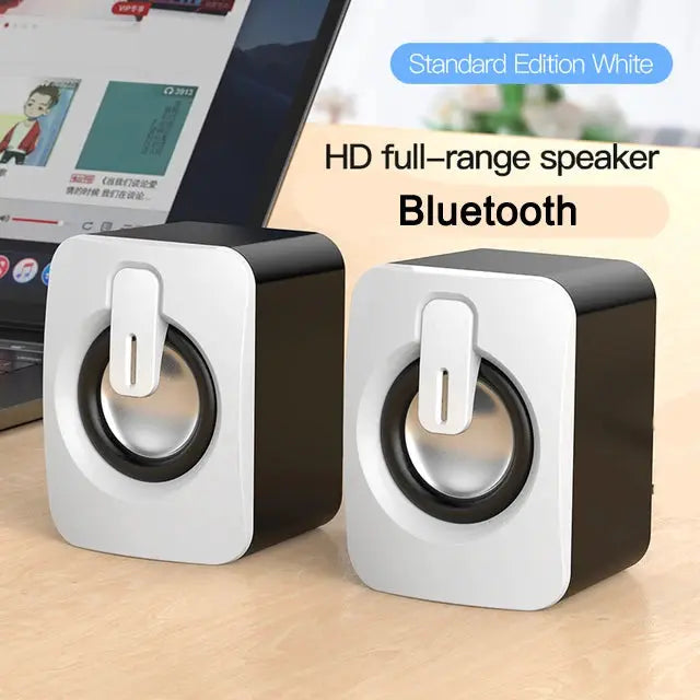 Computer speakers, white with black panels, Bluetooth wireless desktop USB pair
