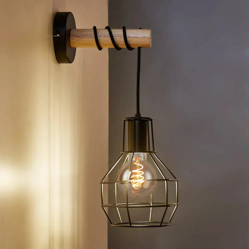 China wall sconce light with black metal cage and wooden base bracket for indoor use