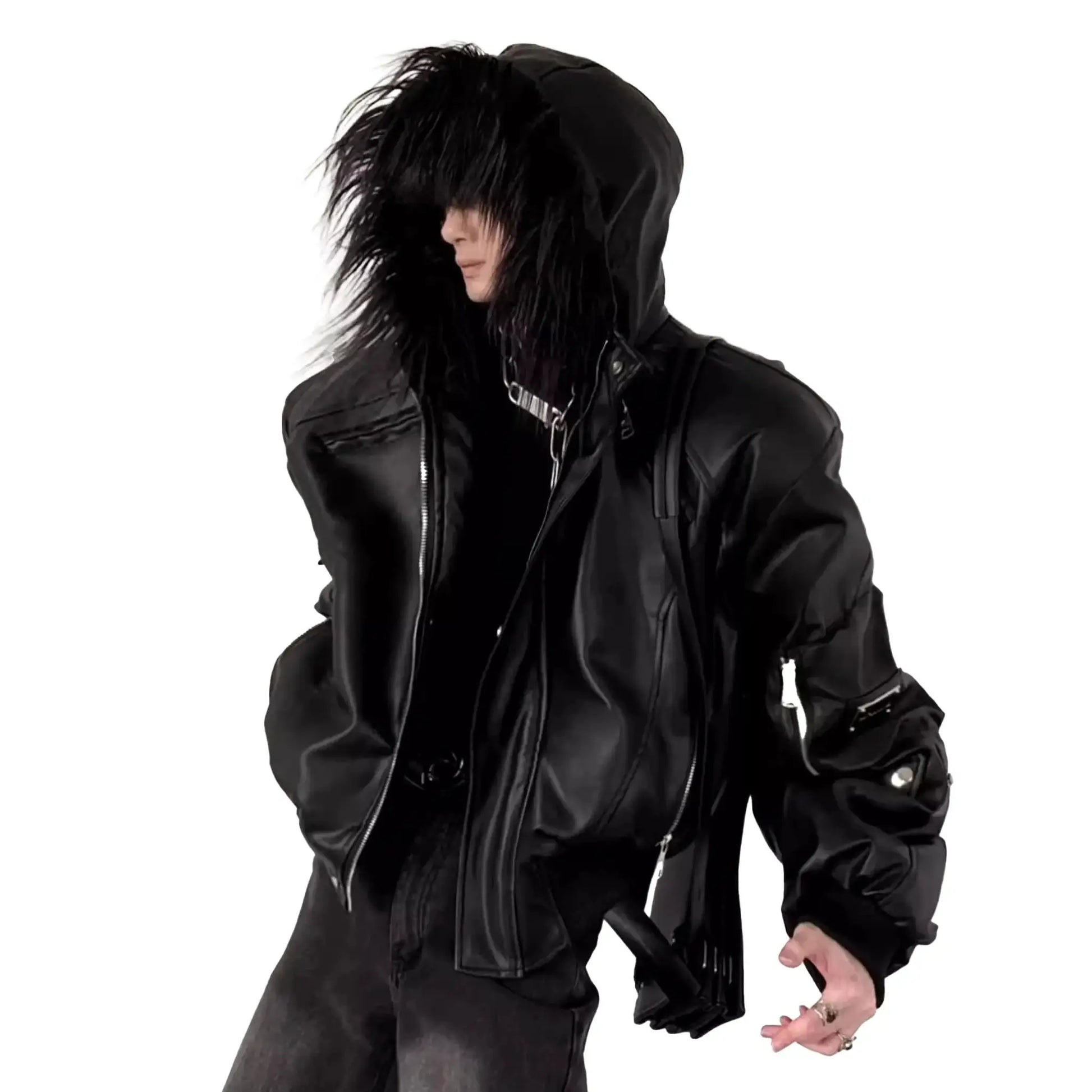 Mauroicardi black PU leather jacket with faux fur-trim hood and oversized fit