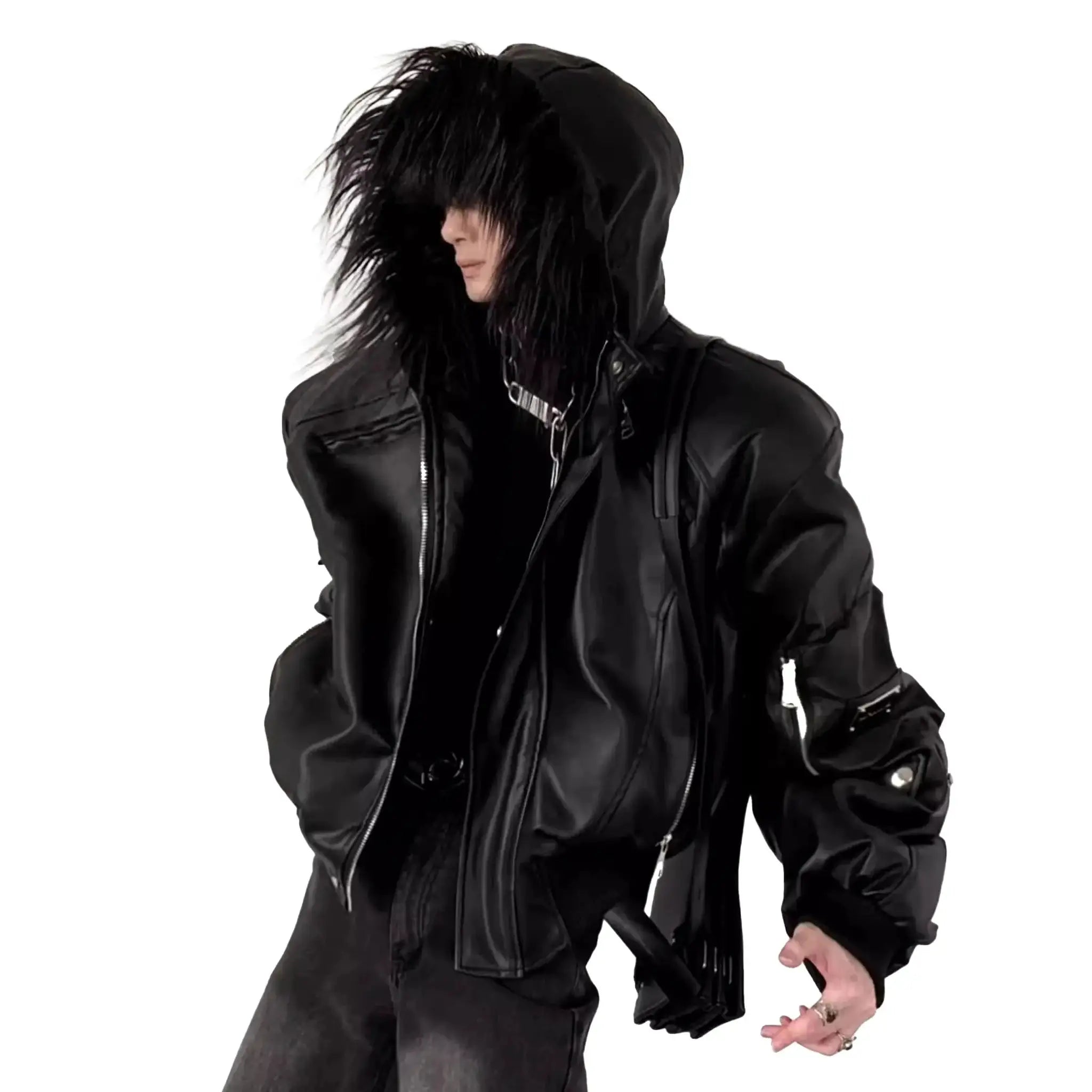 Mauroicardi black PU leather jacket with faux fur-trim hood and oversized fit