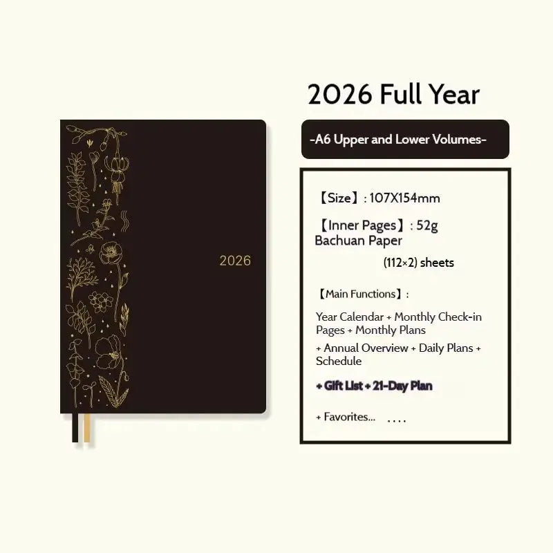 Kinbor 2026 planner in dark brown cover with gold floral motif, full-year layout, and two ribbons; A6 size.