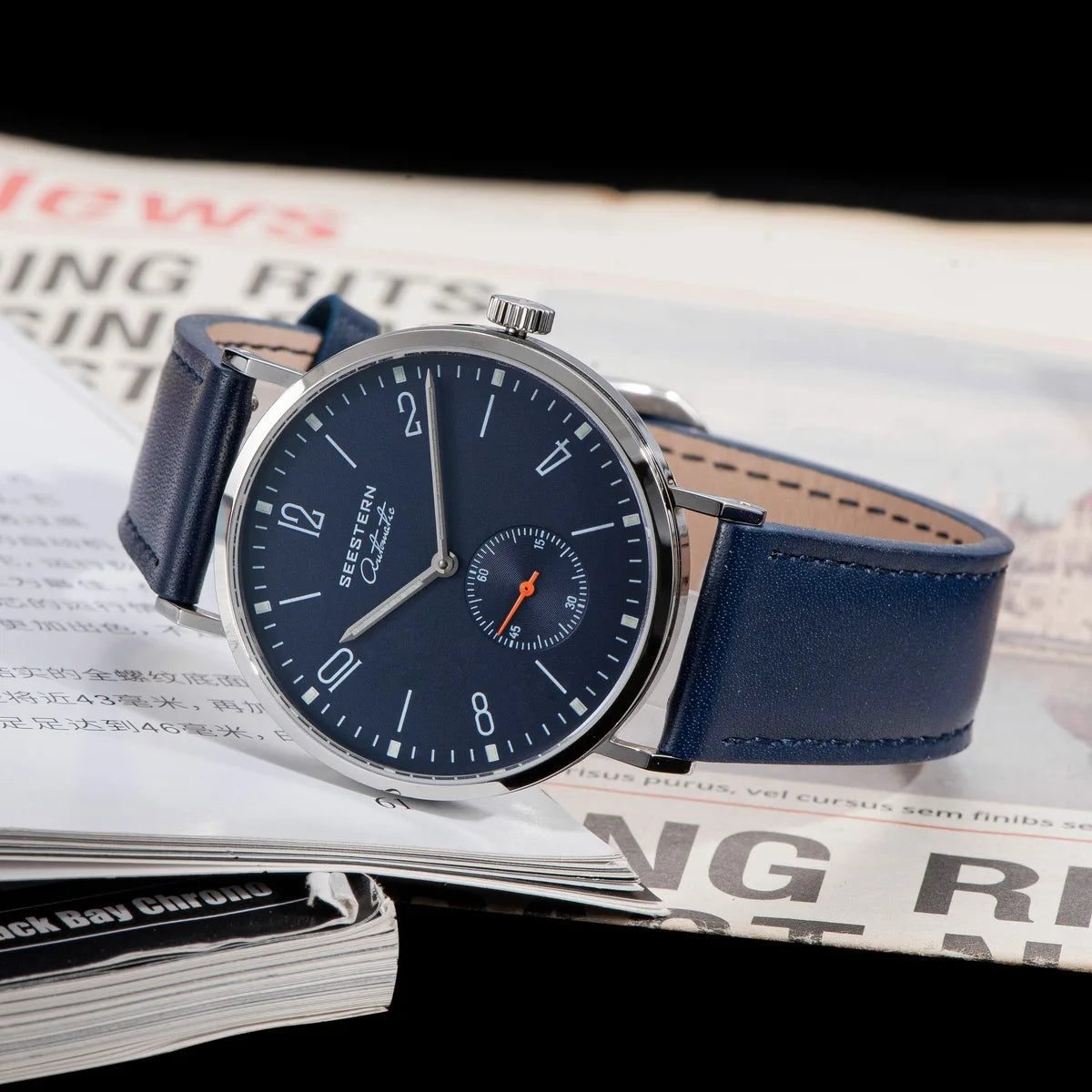 SEESTERN men's automatic wristwatch with blue dial and blue leather strap