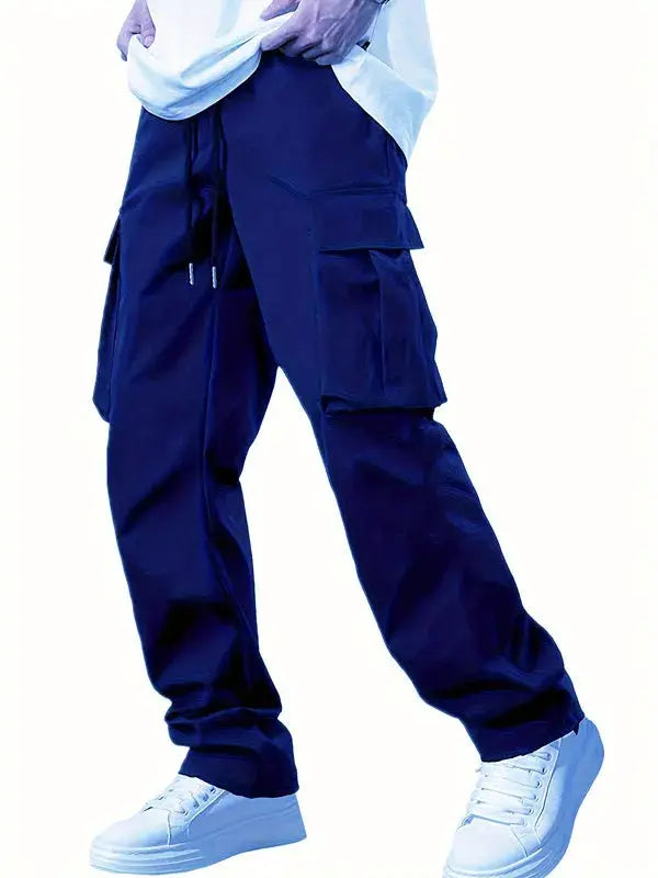 Men's navy cargo work pants with drawstring and multiple pockets