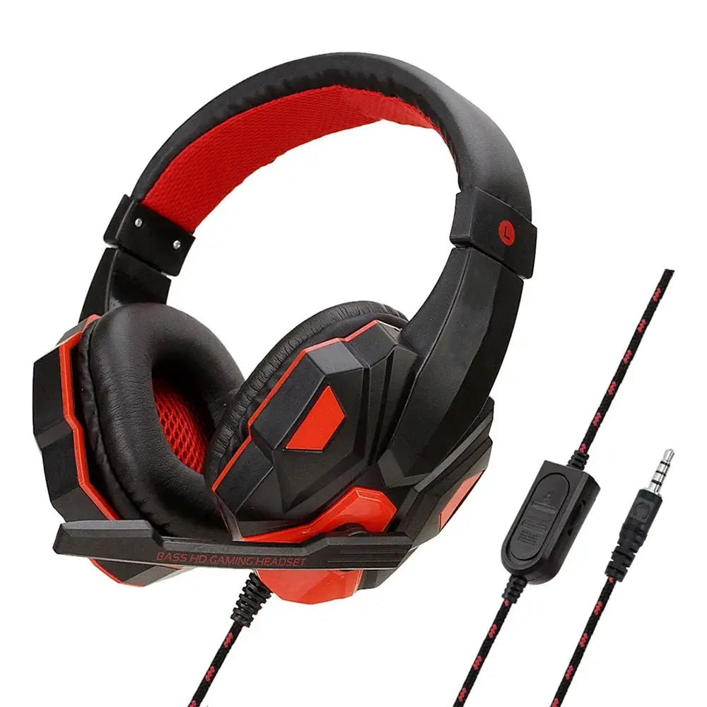 Black and red wired gaming headset with microphone, 3.5mm jack and inline control